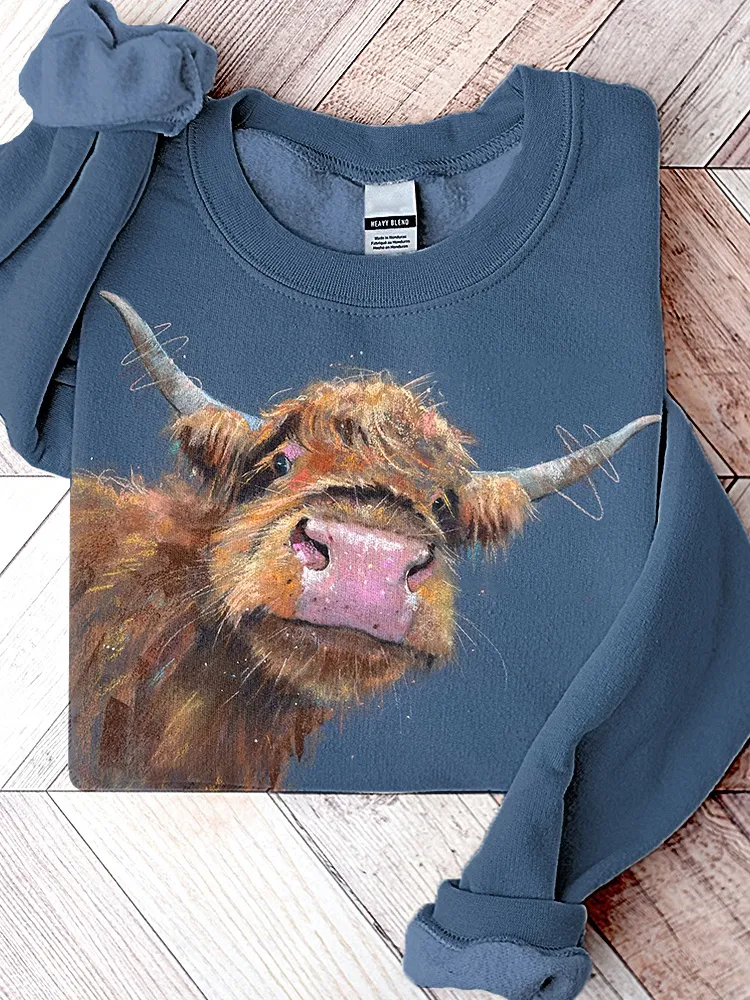 Western Highland Cow Print Casual Vintage Sweatshirt