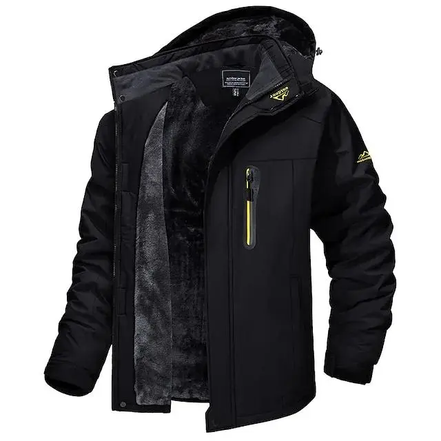 Men's Hoodie Jacket Ski Jacket Hiking Fleece Jacket Winter Outdoor Thermal Warm Fleece Lining Waterproof Windproof Outerwear Windbreaker Softshell Jacket Coat Skiing Ski Snowboard Fishing Black