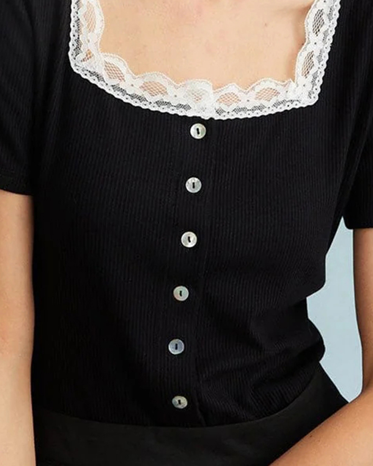 The Black Square Neck Ribbed Lace Trim Knit Tee