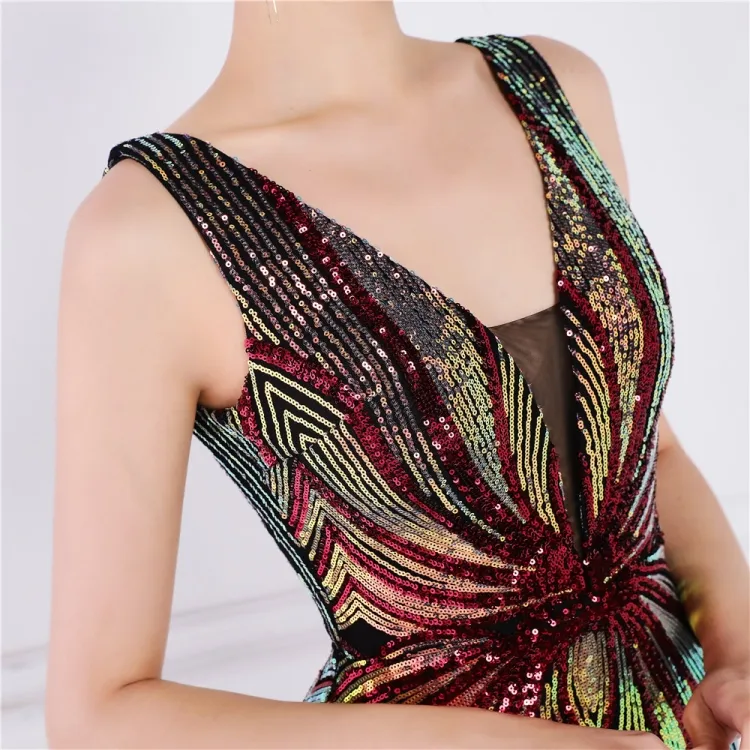 Women Summer Red Formal V-neck Sleeveless Patchwork Sequined Mermaid Evening Dress