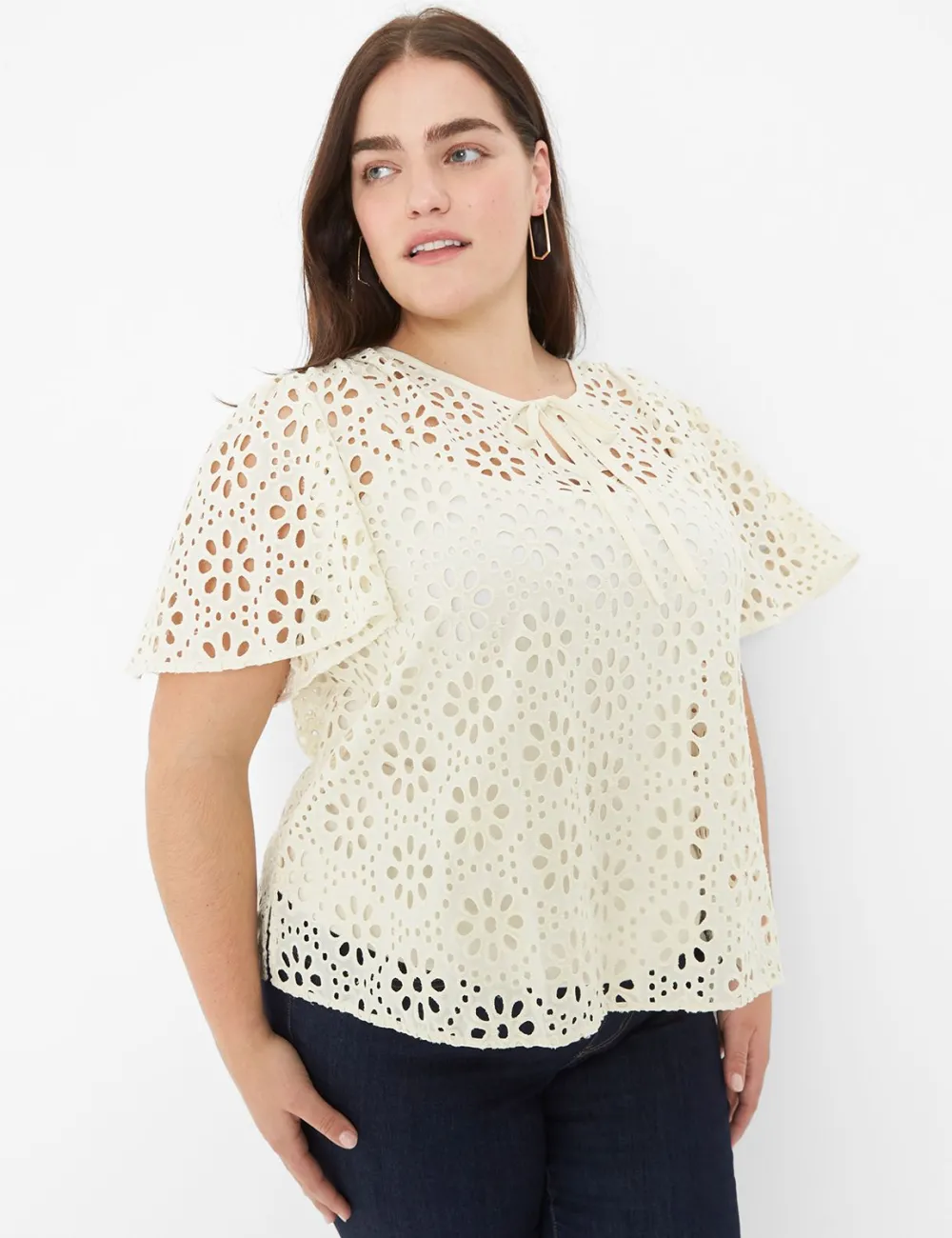 Notch-Neck Sheer Eyelet Top