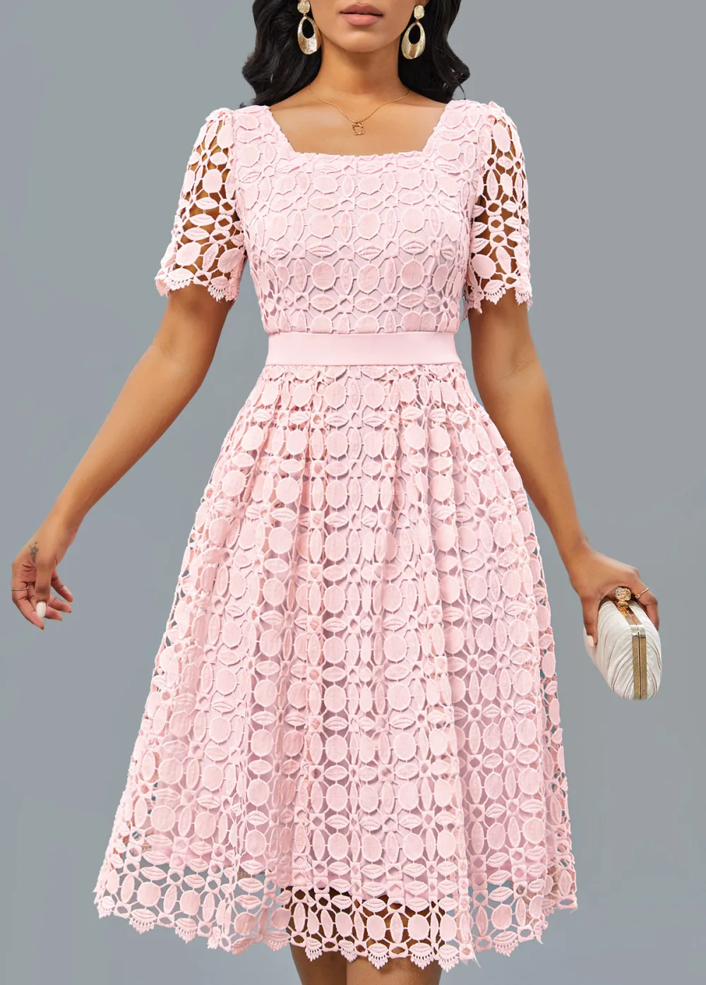 Patchwork Light Pink Short Sleeve Square Neck Dress