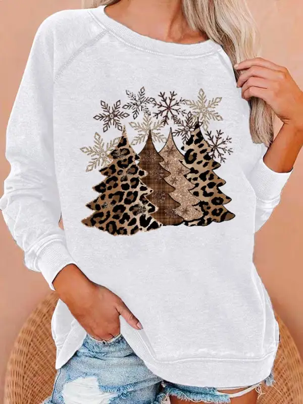 Women's Leopard   Tree Print Casual Crewneck Sweatshirt