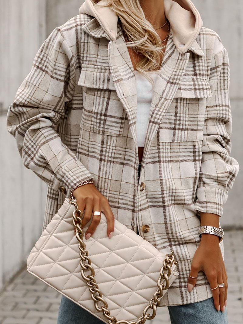 Khaki Plaid Removable Hood Buttoned Shacket