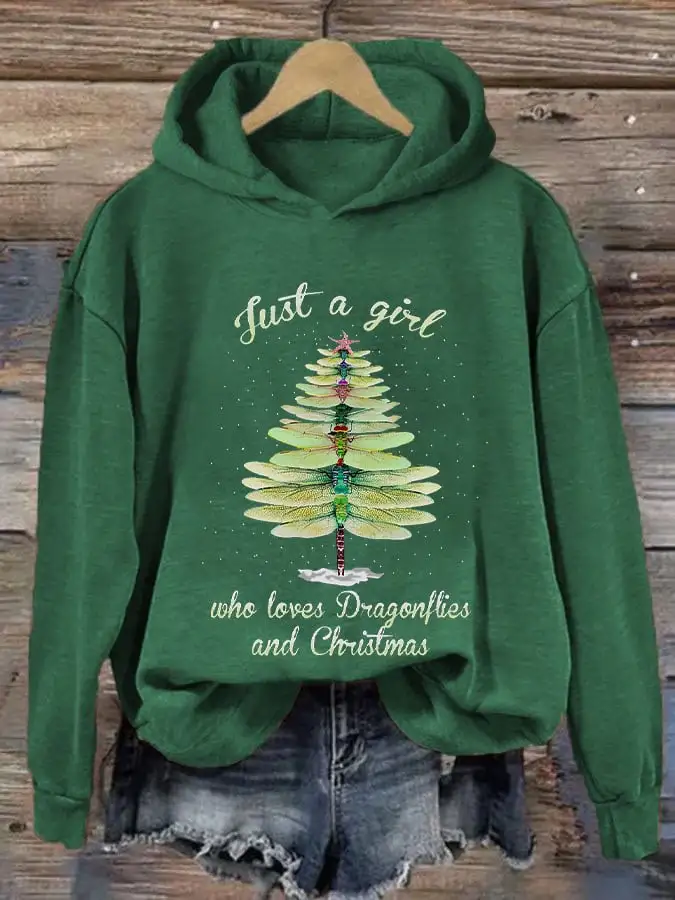 Women's Merry ChristmasJust A Girl Who Loves Dragonflies And Christmas Printing Casual Hoodie