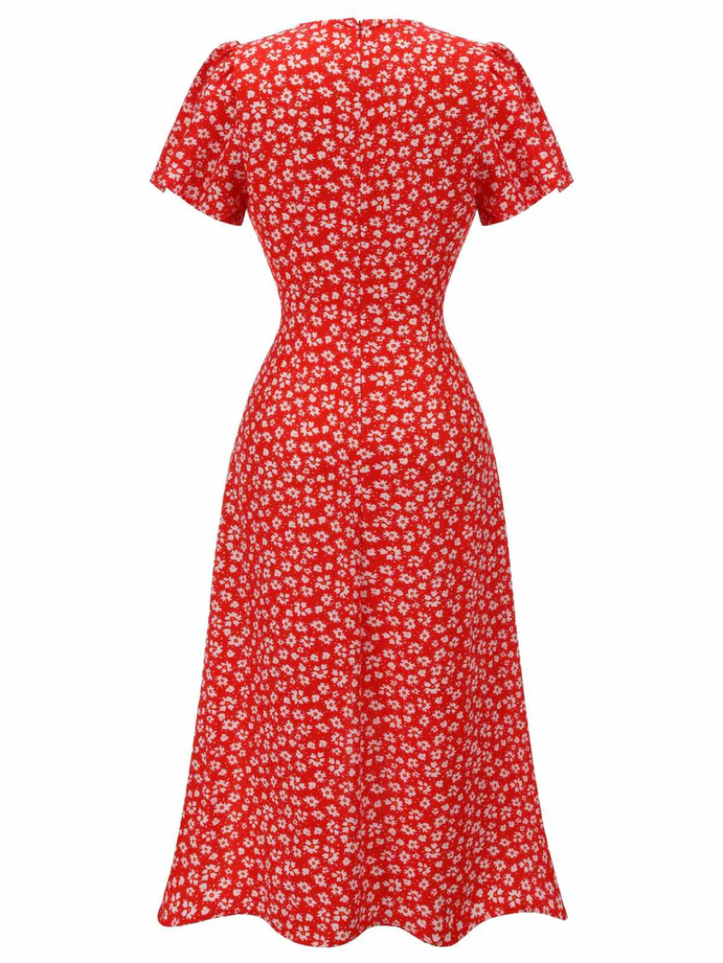 RED 1930S FLORAL V-NECK ADDED BUTTON DRESS