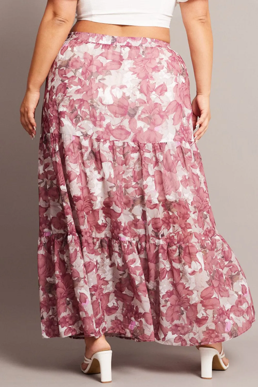 Pink Floral Elastic Waist Chiffon Maxi Skirt