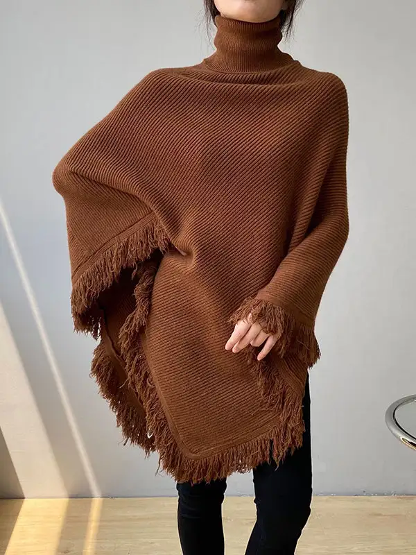 Casual Loose Tasseled Solid Color High-Neck Sweater Tops