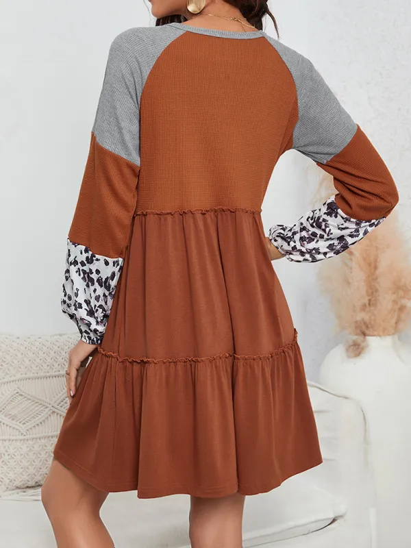 Brown Waffle Knit Leopard Patchwork Long Sleeve Dress