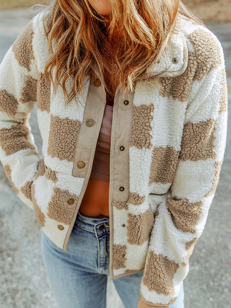 White Checked Snap Button Sherpa Jacket