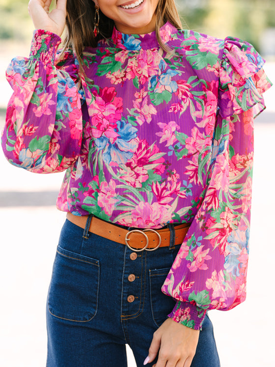 Half Stand Neck Purple Floral Blouse