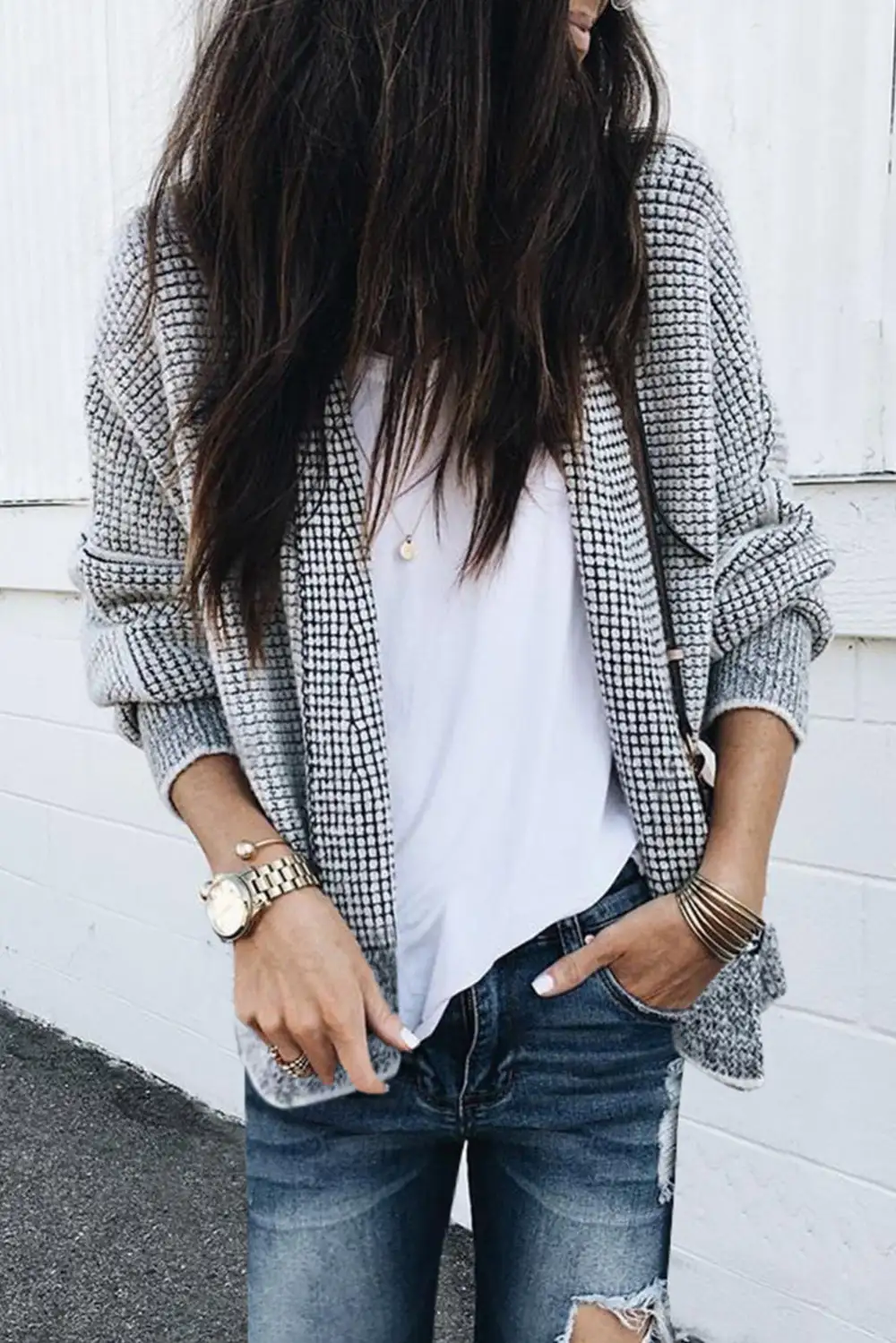 Plaid Contrast Trim Open Front Cardigan