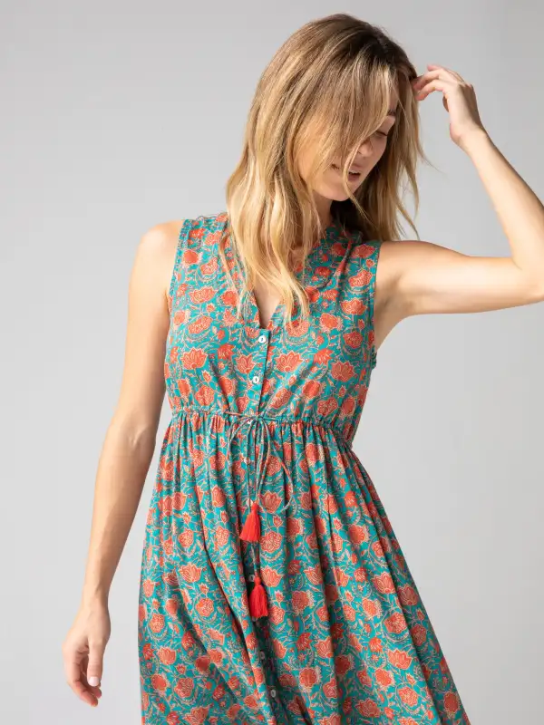 Amelia Cotton Sleeveless Shirt Dress - Turquoise Vines