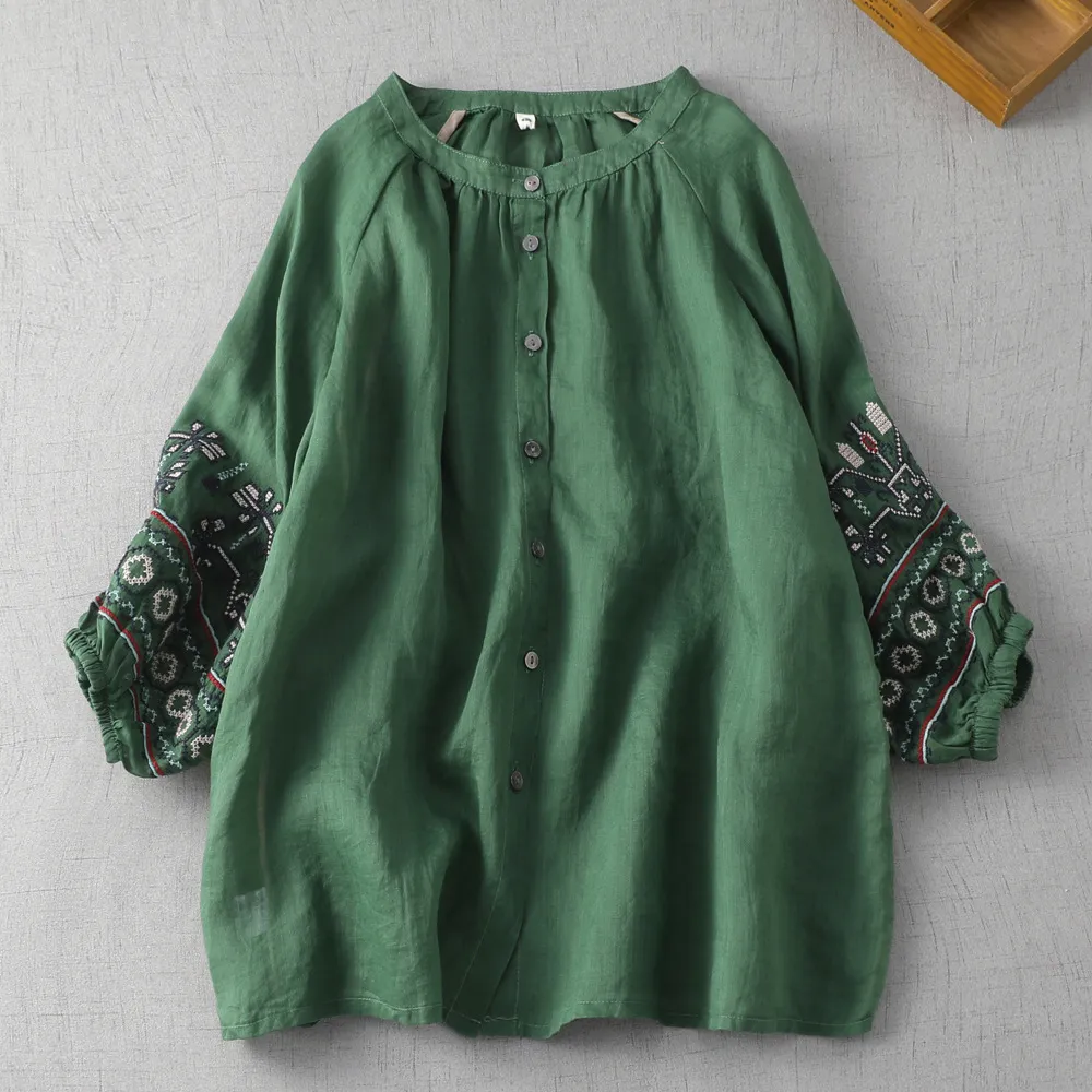 Retro Loose Round Neck Balloon Sleeve Top