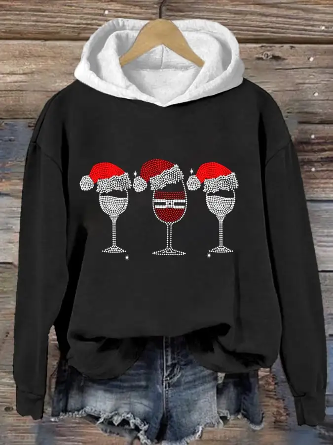 Women's Christmas Red Wine Glass Retro Casual Print Sweatshirt