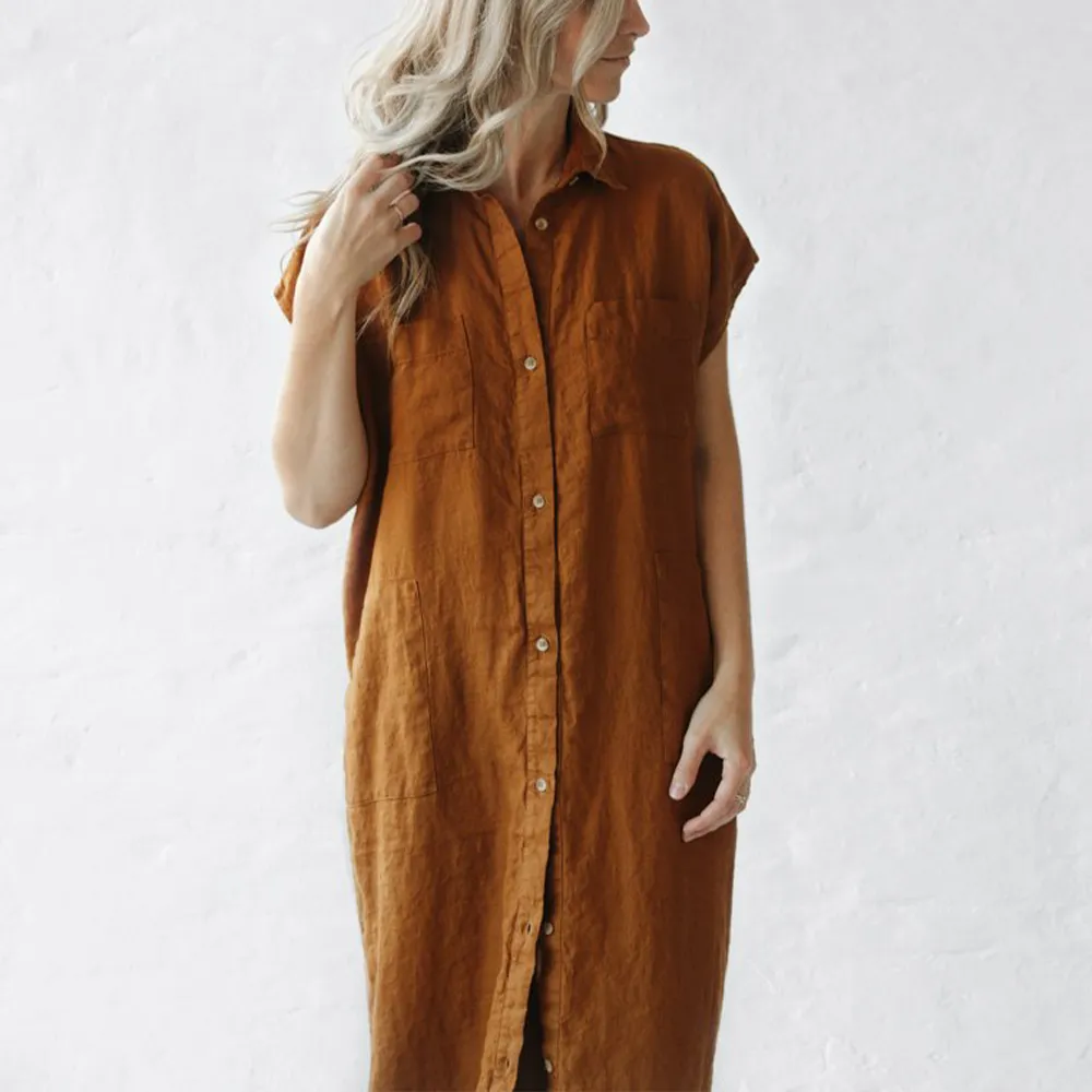 Minimalism Sleeveless Linen Shirt Dress