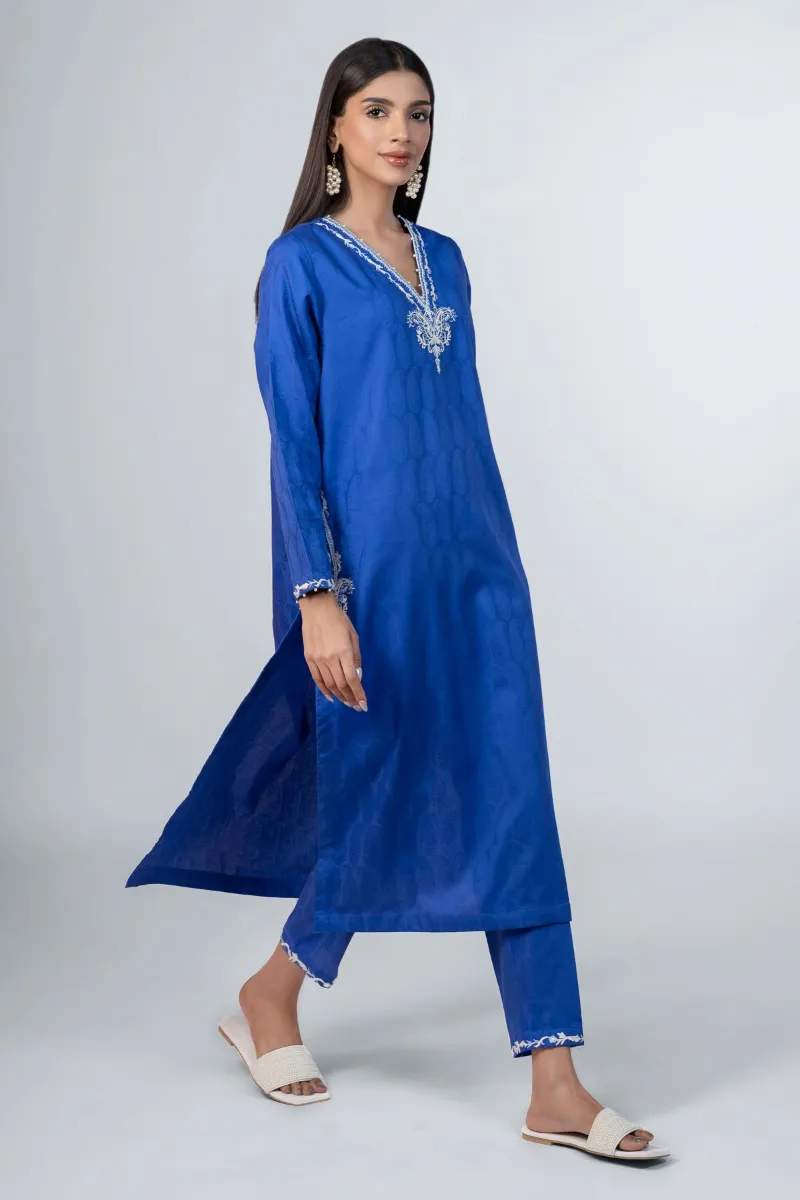 2 Piece Kurta | Embroidered & Pants | Dark Blue