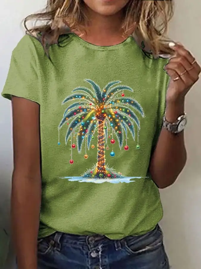 Women'S Christmas Palm Tree Print Casual Round Neck T-Shirt