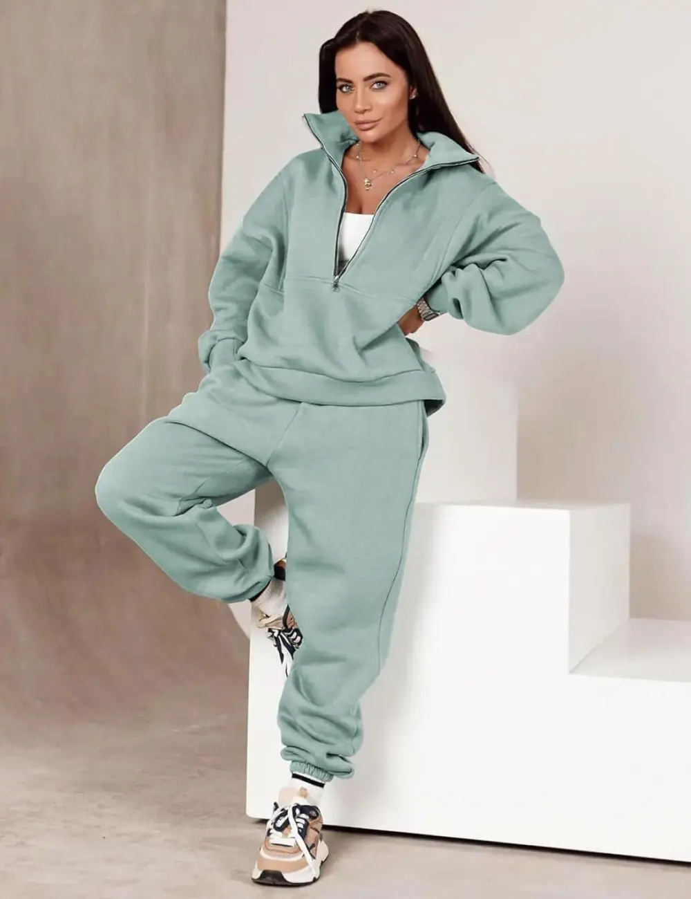 2 Piece Half Zip Sweatsuits Fleece Sweatshirt and Joggers Set Tracksuit