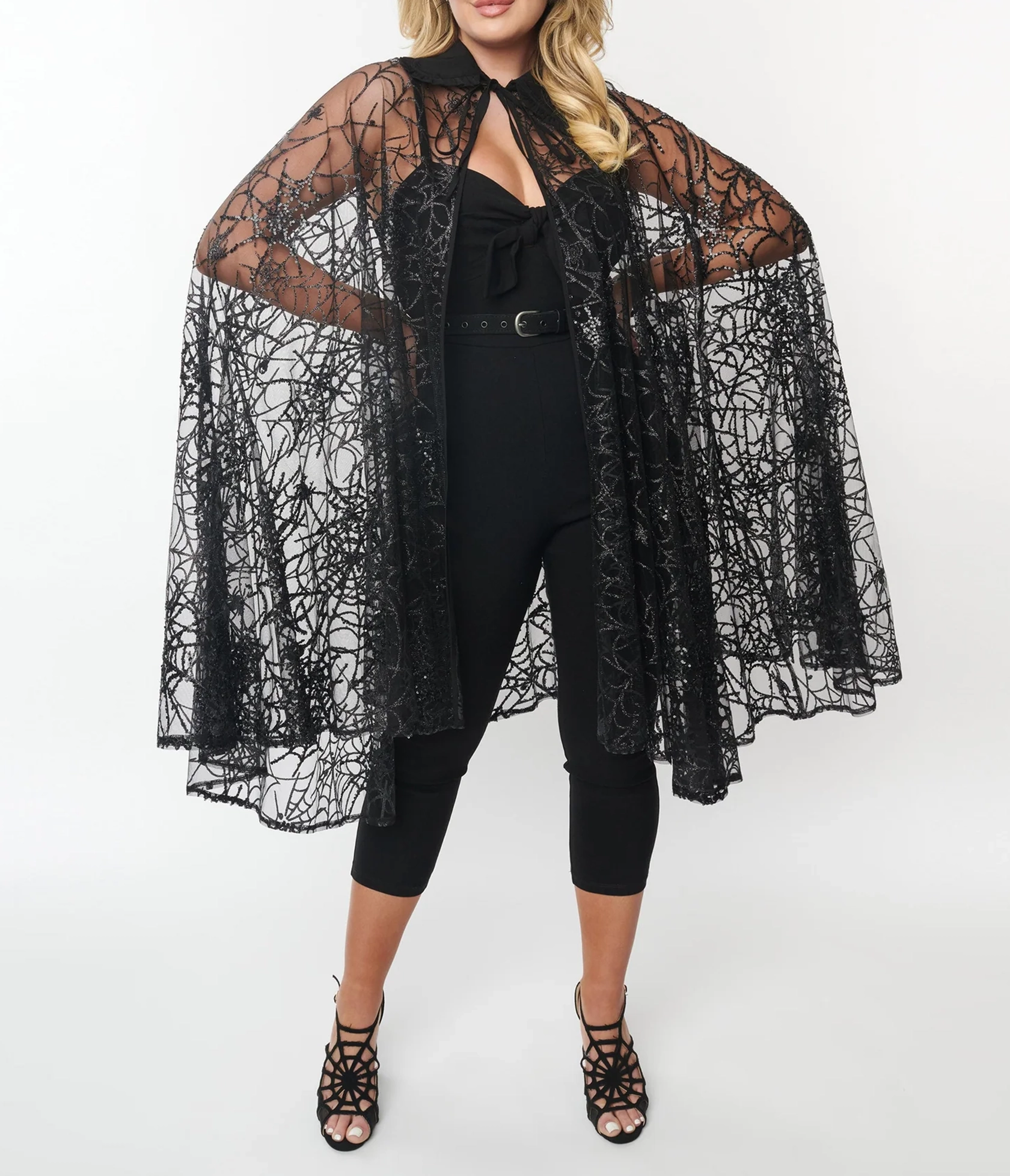 Unique Vintage Black Glitter Spiderweb Mesh Cape