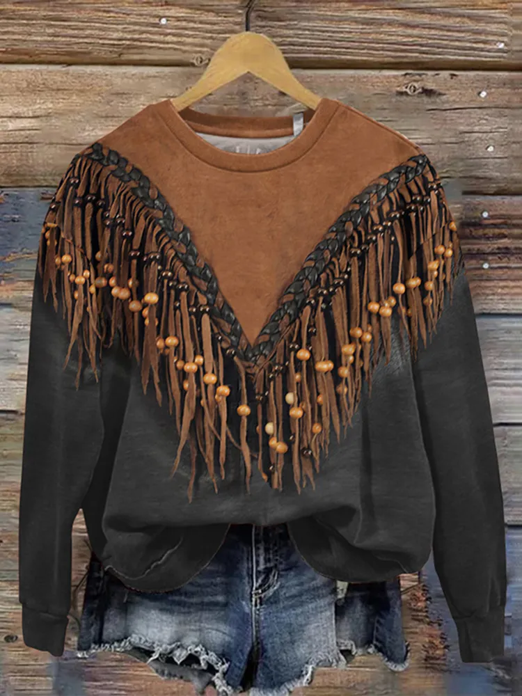 Western Tassel Printed Round Neck Long Sleeve Sweatshirt