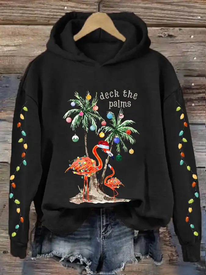 Women's Christmas Deck The Palms Print Hooded Sweatshirt