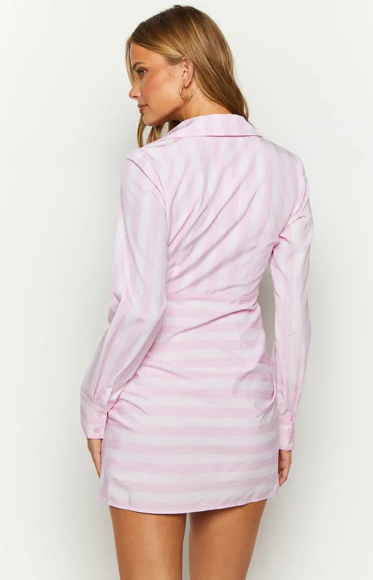 Holly Pink Stripe Tie Up Shirt Mini Dress