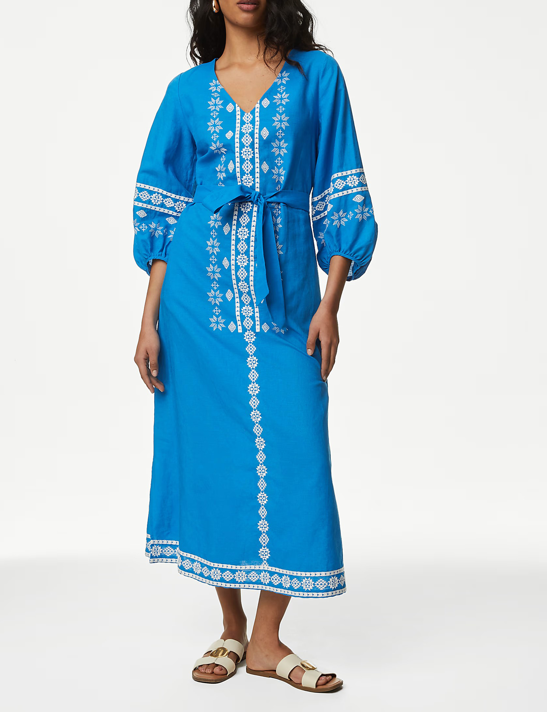 Linen Rich Embroidered V-Neck Day Dress