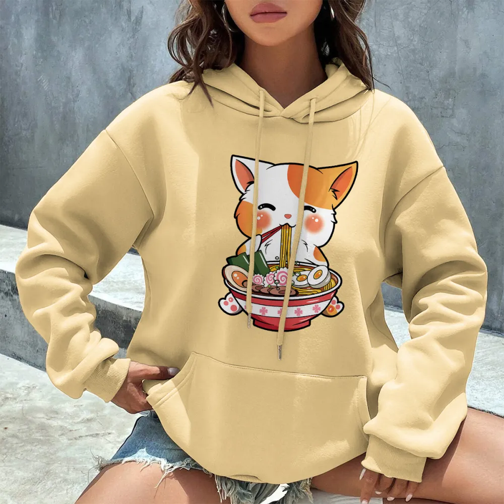 CAT EATING PATTERN PRINTED HOODIE