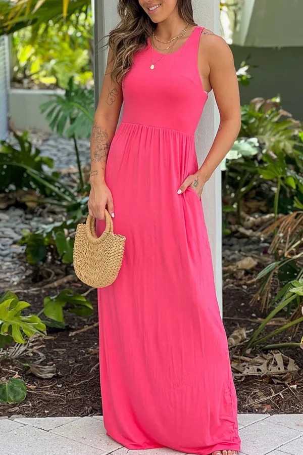 Coral Racerback Maxi Dress With Pockets