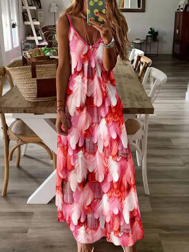 Pink and Red Glitter Tinsel Fringe Cami Maxi Dress