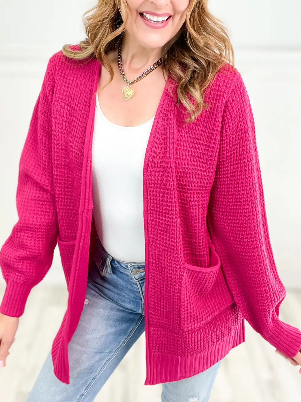 Low Gauge Waffle Knit Cardigan Sweater Top