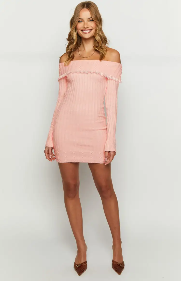 Mimi Pink Long Sleeve Off Shoulder Knit Mini Dress