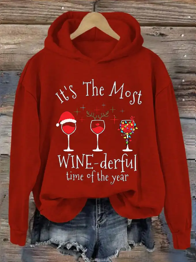 Women's Christmas It's The Most Wine-derful Time of The Year Printed Hooded Sweatshirt