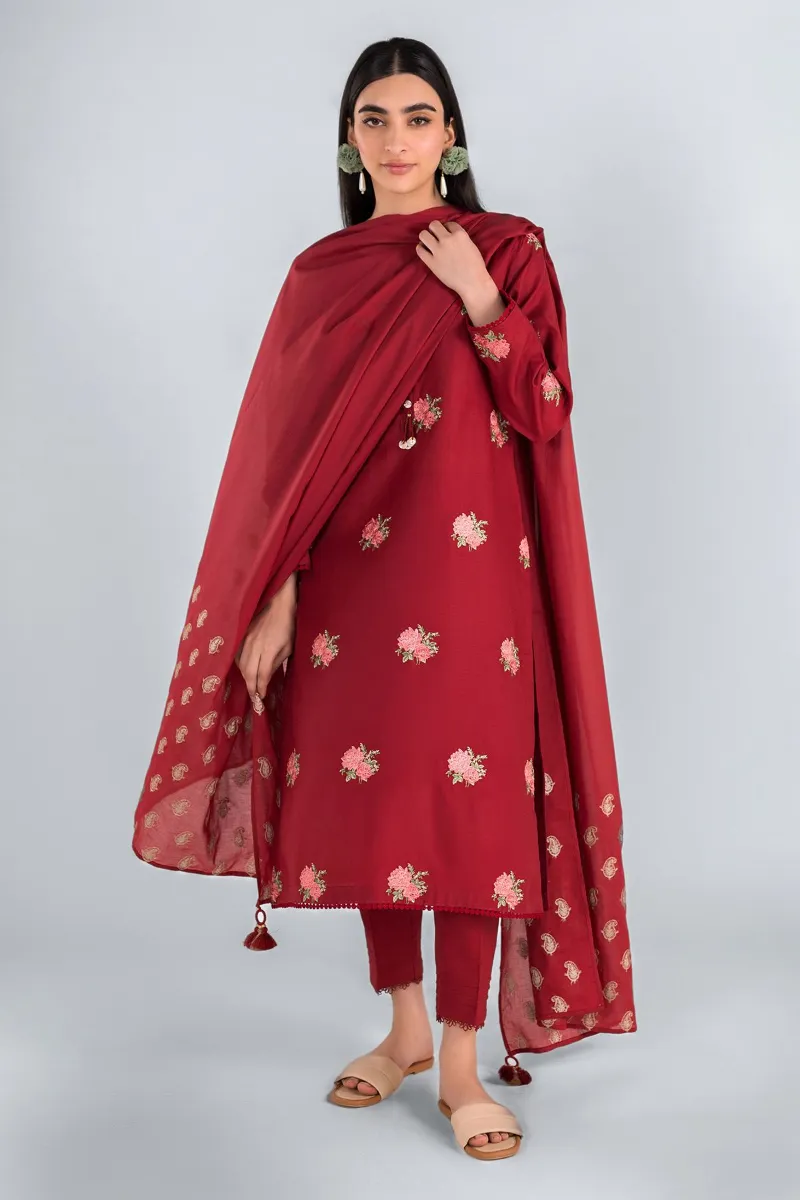 2 Piece Kurta | Embroidered & Pants | Red