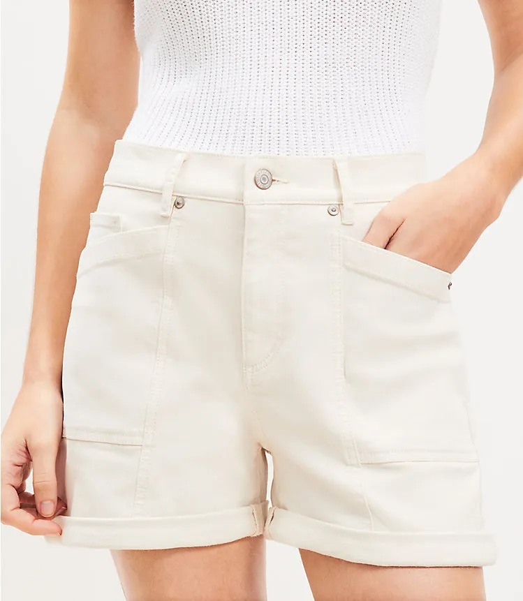 High Rise Carpenter Denim Roll Shorts in Popcorn