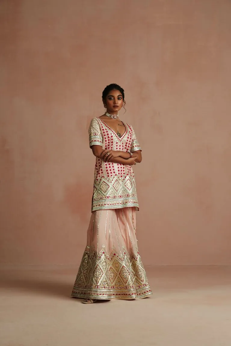 Blush Pink & Crimson Gota Embroidered Gharara Set