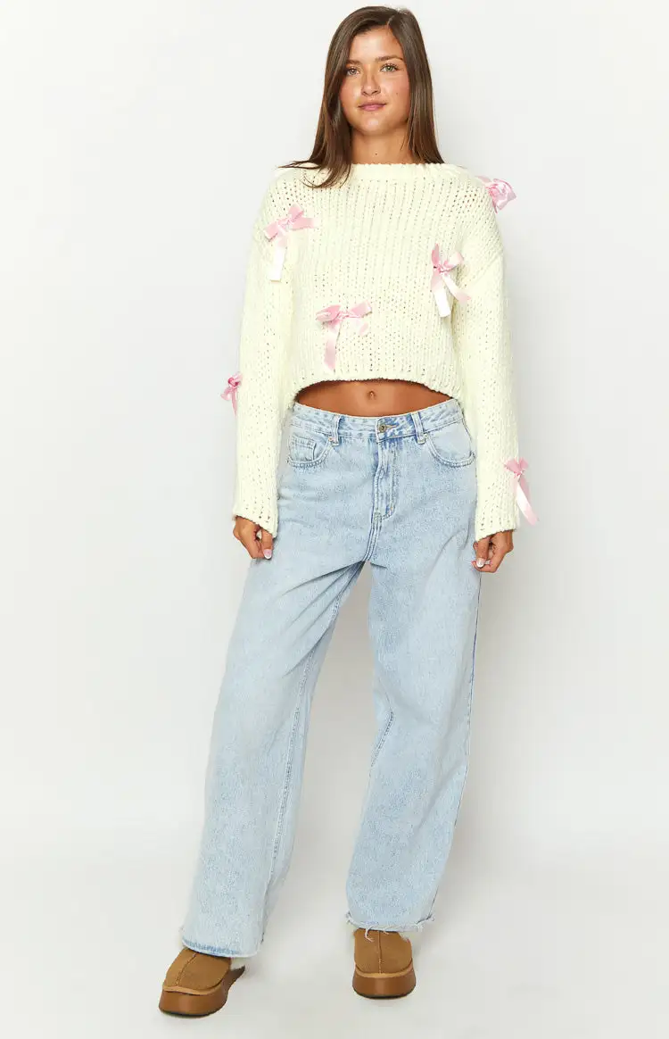 Sweetheart Stitch Bow White Sweater