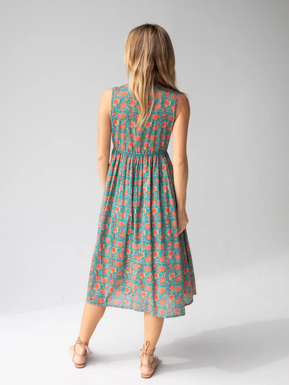 Amelia Cotton Sleeveless Shirt Dress - Turquoise Vines