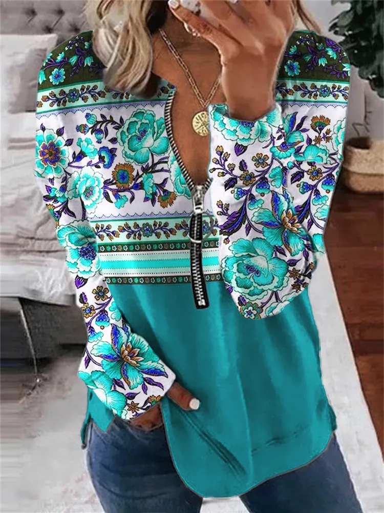 Western Turquoise Ethnic Floral Colorblock Zip Up Sweatshirt