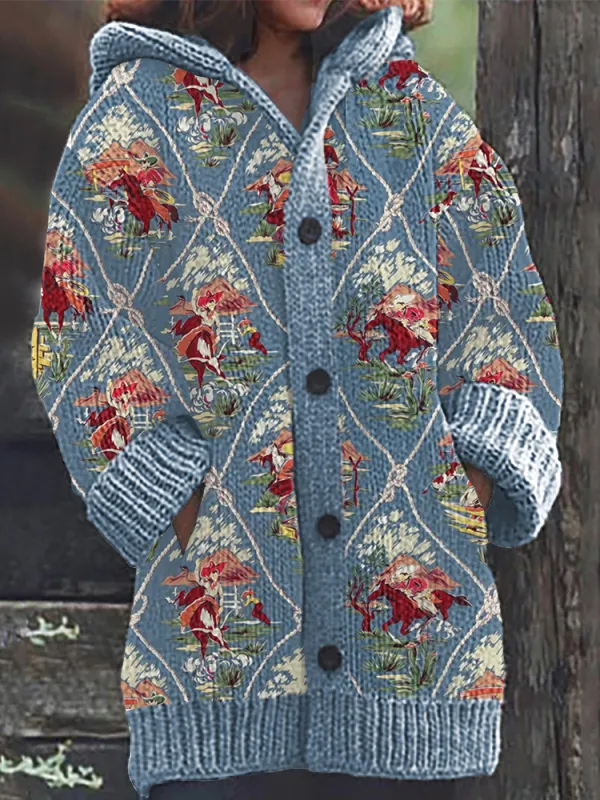 Vintage Western Pattern Cozy Knit Hooded Cardigan