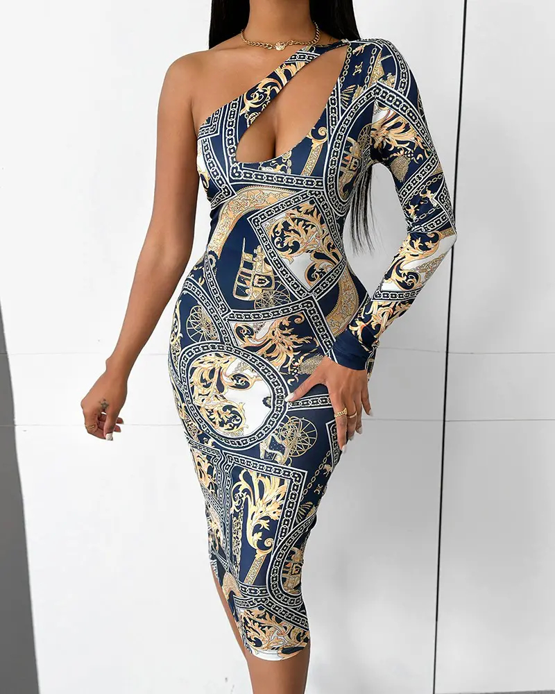 Baroque Print One Shoulder Cutout Bodycon Dress