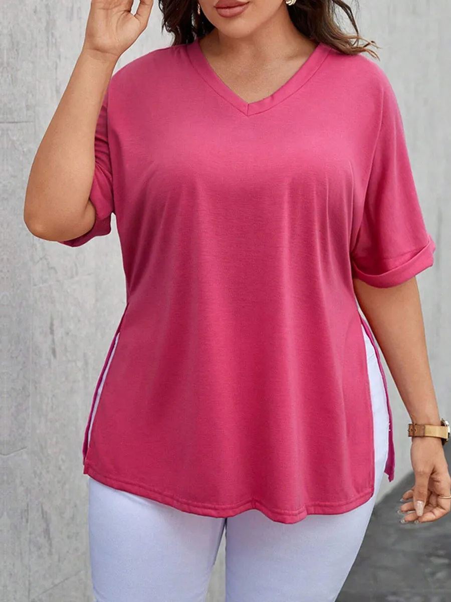 V Neck Cuffed Dolman Sleeve Split Hem Tee