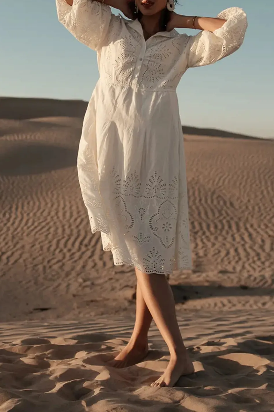 ELEANOR EYELET LACE MIDI DRESS IN CREAM