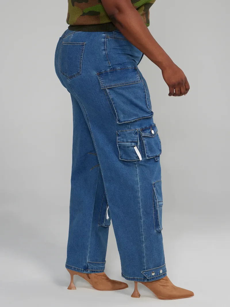 High Rise Straight Leg Denim Cargo Jeans  Tall Inseam