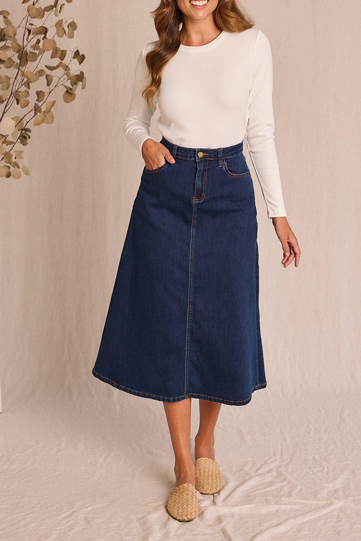 Adrift Denim A-Line Skirt in Mid Wash