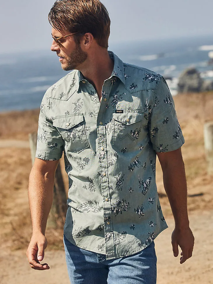 MEN'S SHORT SLEEVE PRINTED SHIRT IN CACTUS COWBOY GREEN