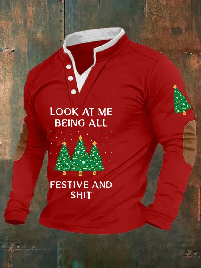 Men's Funny Christmas Look At Me Being All Festive And Shit Special V-Neck Long-Sleeve Top