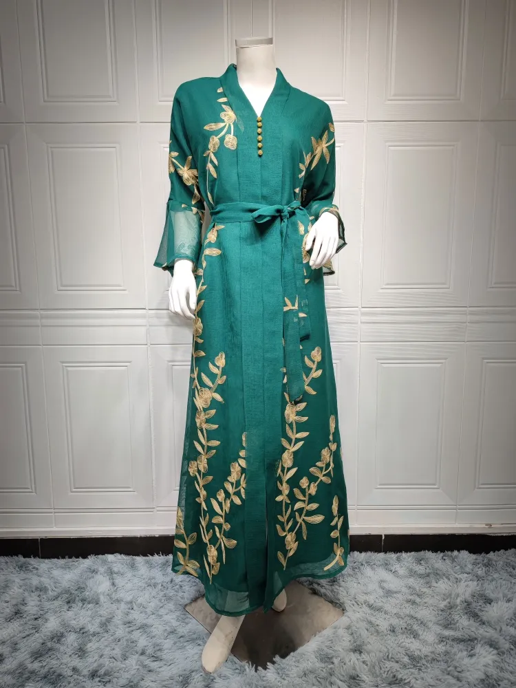 Women Summer Green Arab Dubai Middle East Turkey Morocco Floral Print Sequined Islamic Clothing Kaftan Abaya Muslim Dress