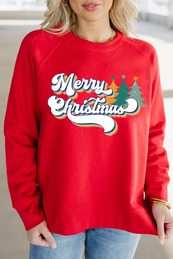 Red Merry Christmas Graphic Crew Neck Pullover Sweatshirt